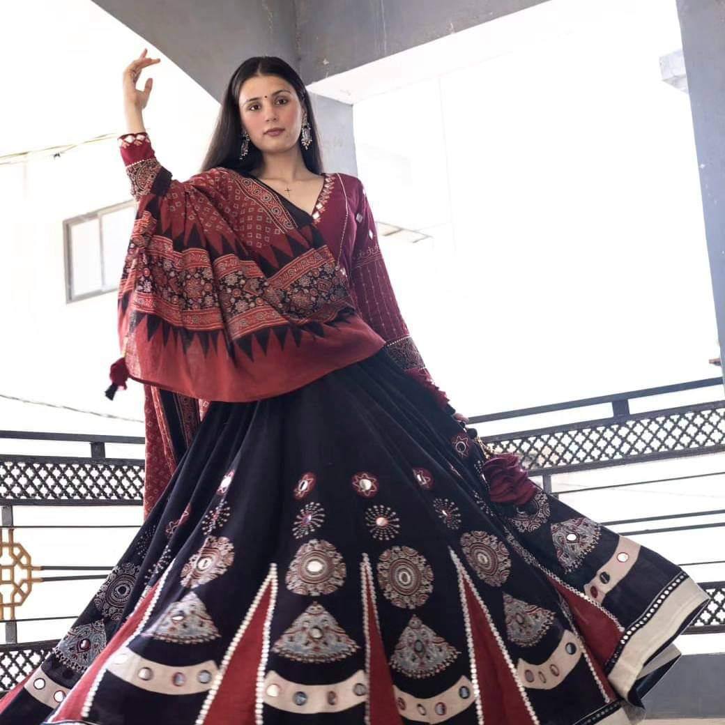 Mirror Work Printed Black Rayon Lehenga Choli