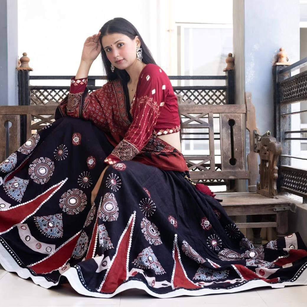 Mirror Work Printed Black Rayon Lehenga Choli