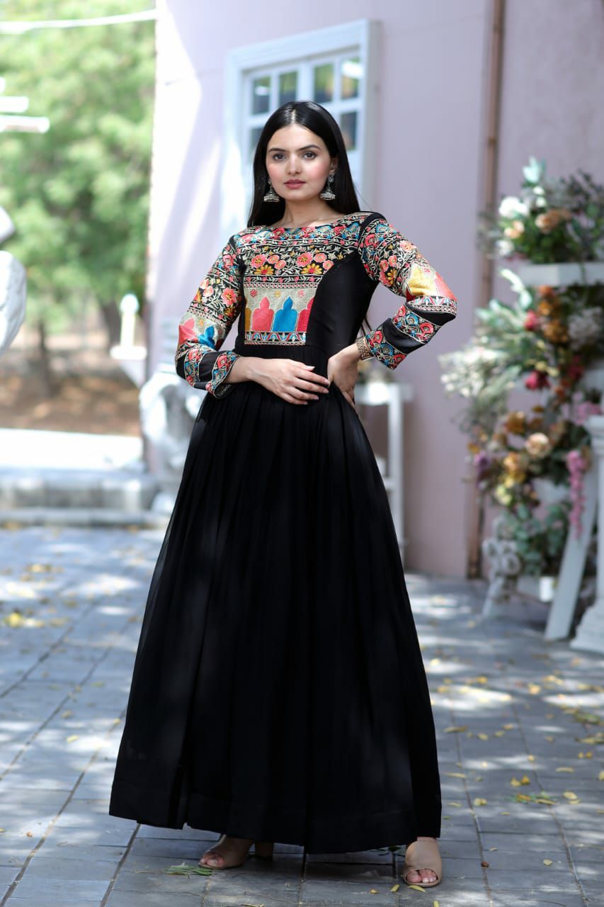 Fascinating Black Colored Beautiful Embroidery Floor Touch Gown