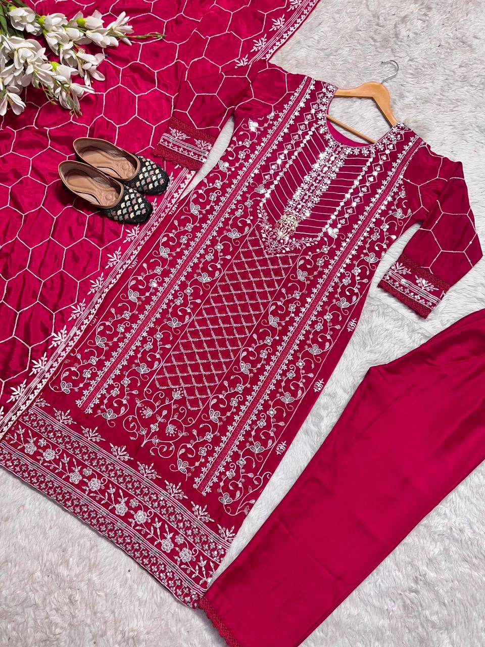 Red Color Wedding Wear Chinna Multi Sequence Work Ready Made Salwar Suit