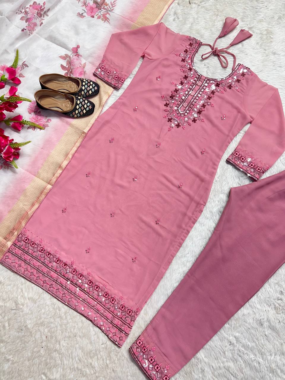 Stunning Pink Color Multi Embroidery Work Ready Made Georgette Salwar Suit