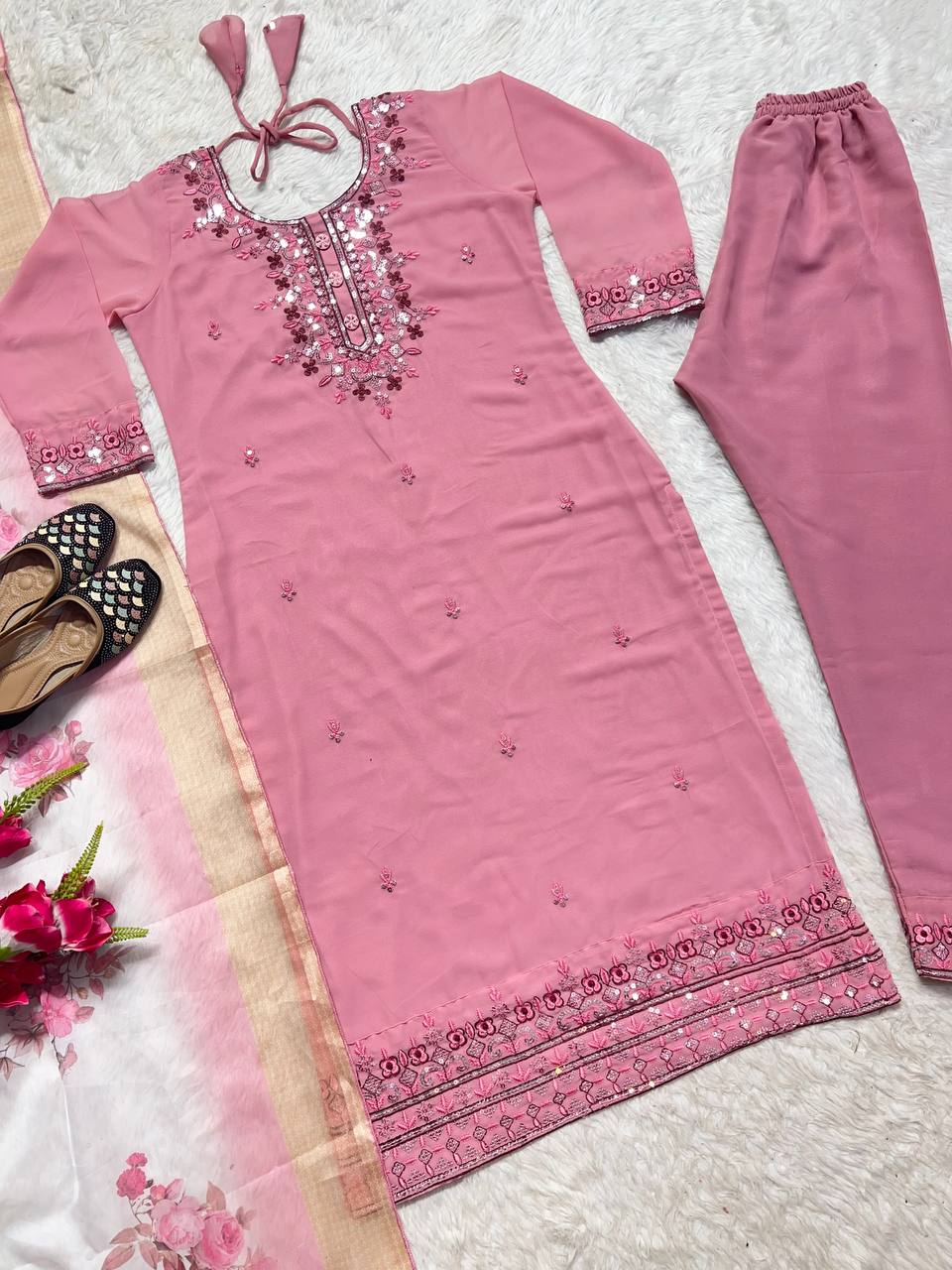 Stunning Pink Color Multi Embroidery Work Ready Made Georgette Salwar Suit