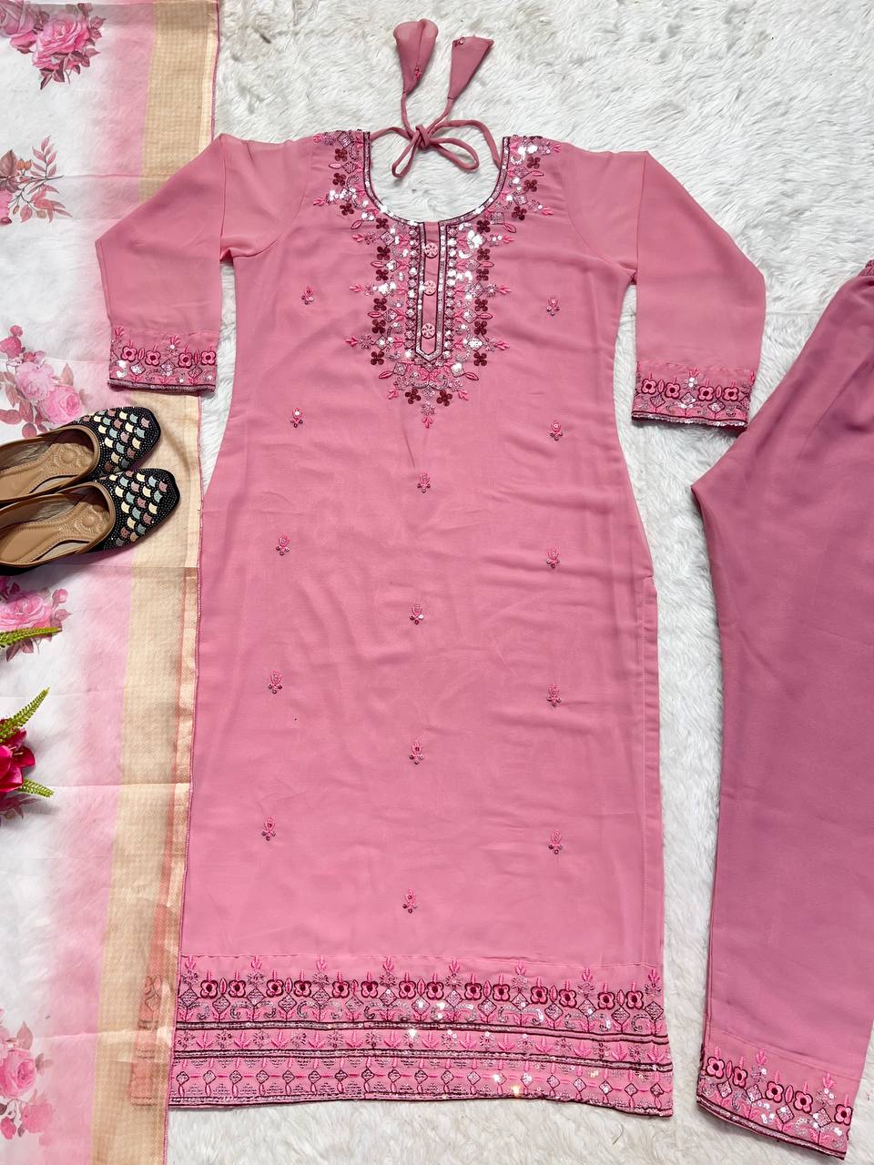 Stunning Pink Color Multi Embroidery Work Ready Made Georgette Salwar Suit