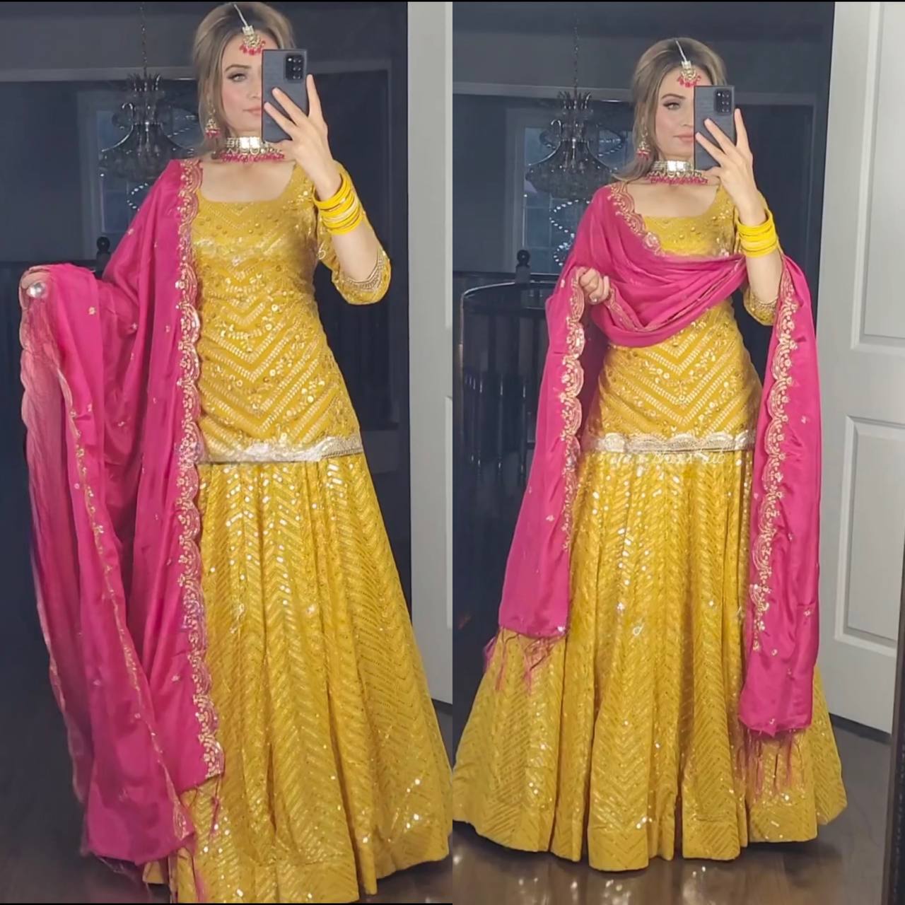 Ready Made Mustard Color Georgette Sequence Lehenga Choli