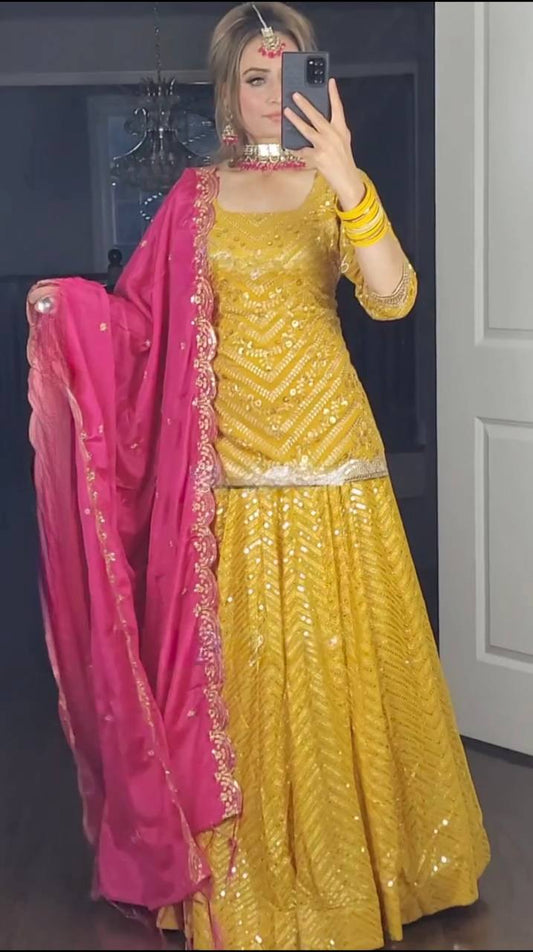 Ready Made Mustard Color Georgette Sequence Lehenga Choli