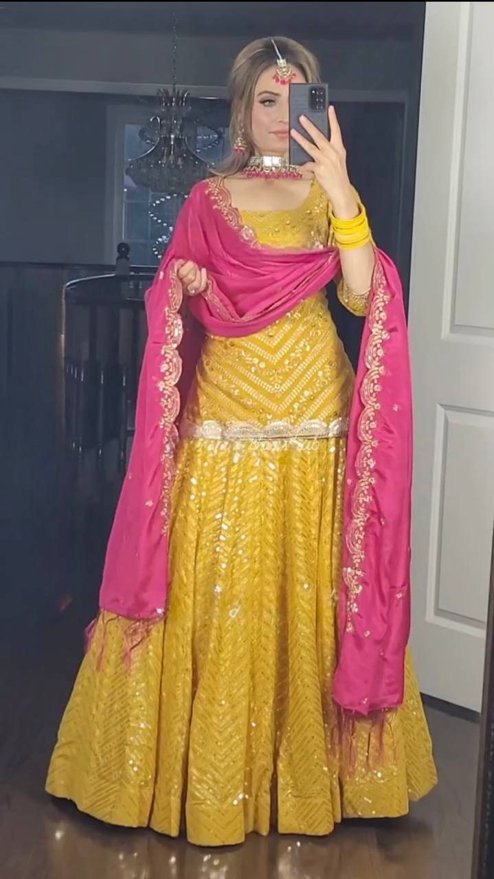 Ready Made Mustard Color Georgette Sequence Lehenga Choli