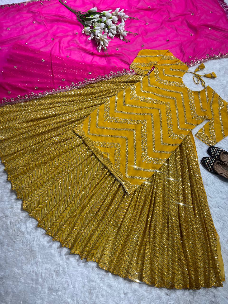 Ready Made Mustard Color Georgette Sequence Lehenga Choli