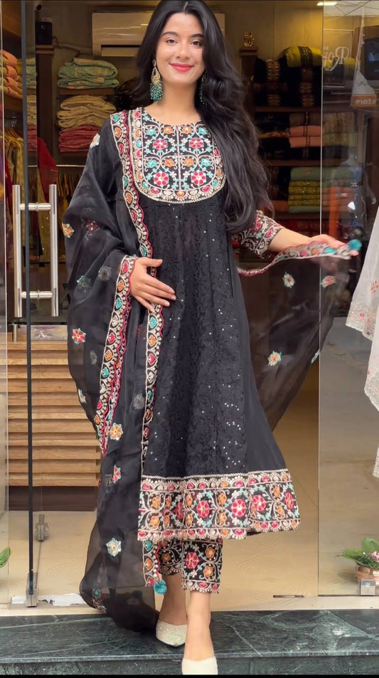 Awesome Black Color Embroidered Sequence Work Georgette Salwar Suit