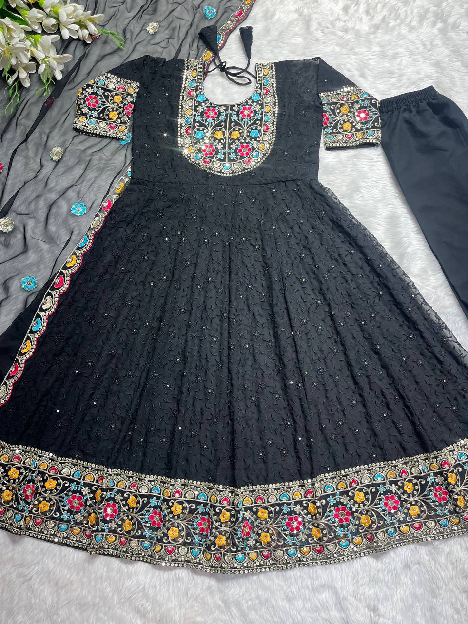 Awesome Black Color Embroidered Sequence Work Georgette Salwar Suit