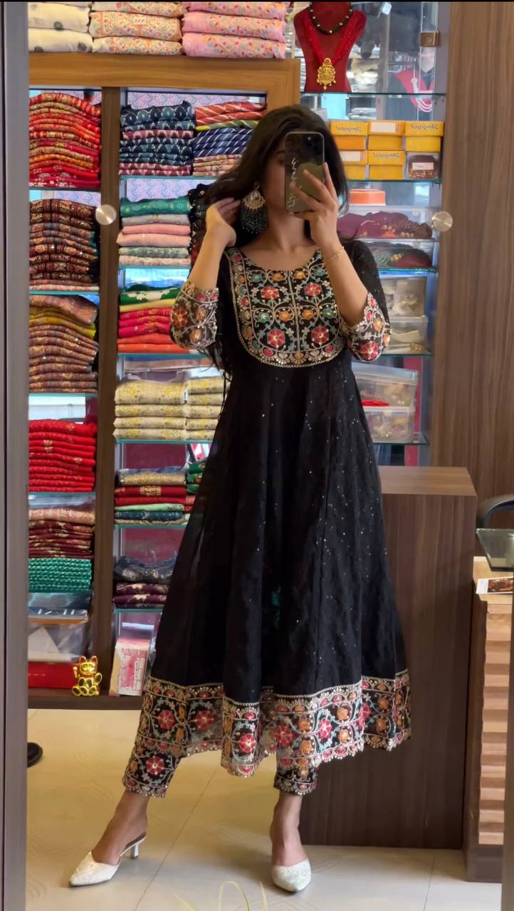 Awesome Black Color Embroidered Sequence Work Georgette Salwar Suit