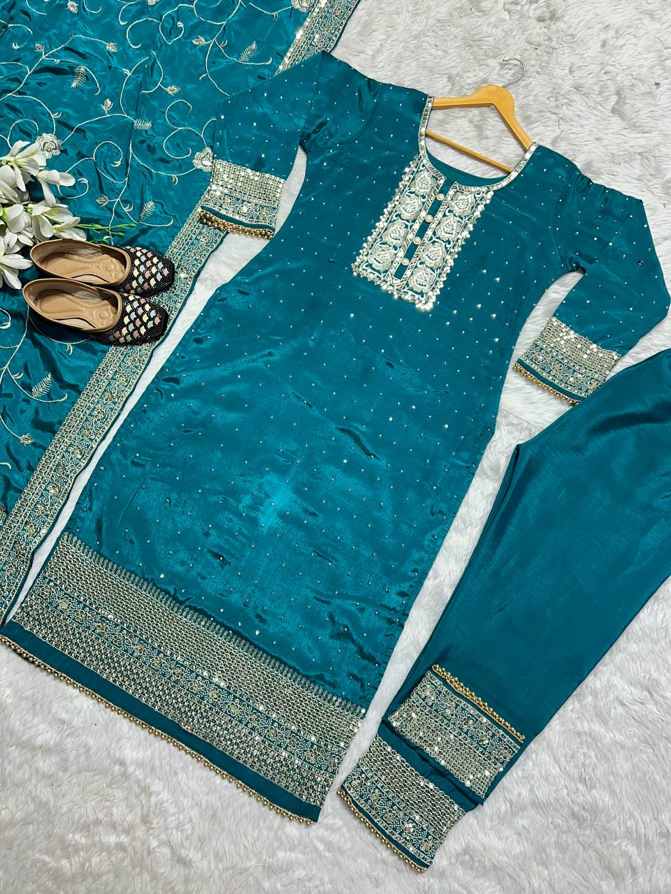 Wedding Wear Rama Color Chinon Silk Sequence Work Salwar Suit