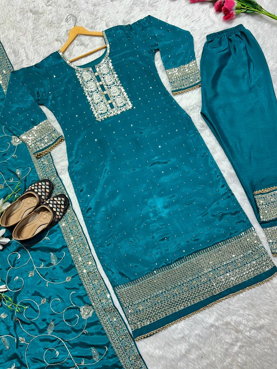 Wedding Wear Rama Color Chinon Silk Sequence Work Salwar Suit