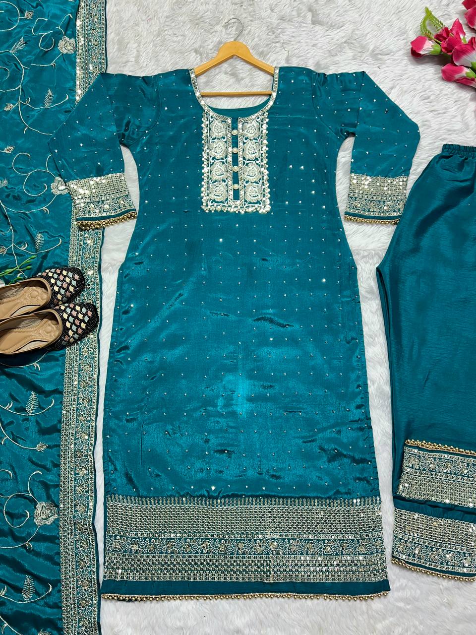 Wedding Wear Rama Color Chinon Silk Sequence Work Salwar Suit