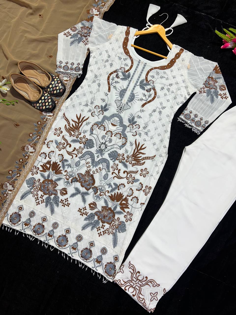 Party Wear White Color Georgette Embroidered Work Ready Made Salwar Suit