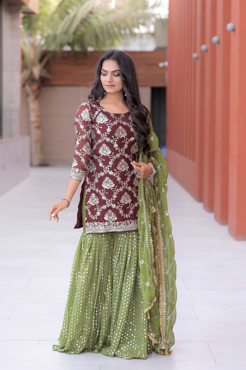 Fantastic Brown Color Ready Made Georgette Embroidered Sequence Work Sharara Suit