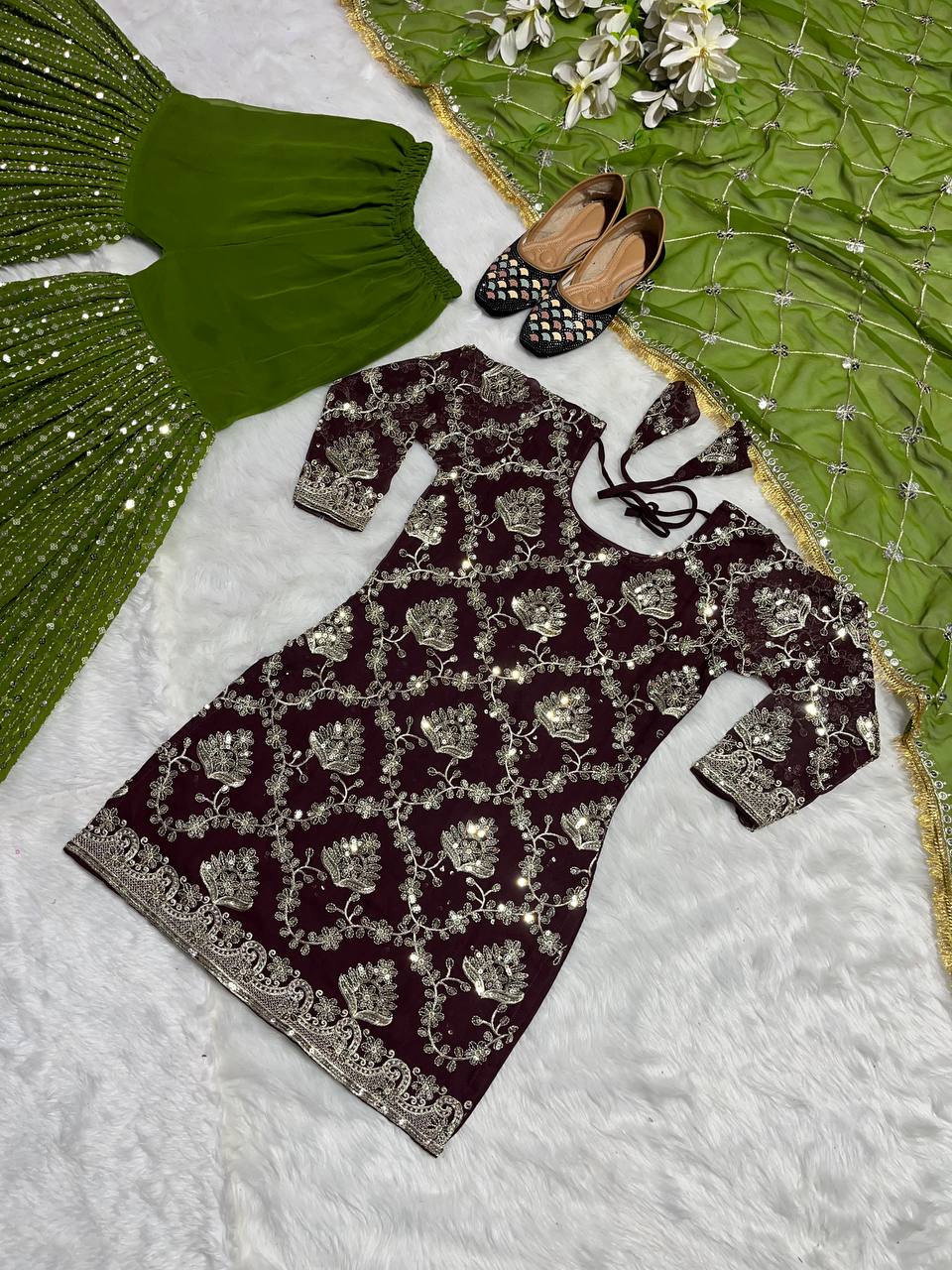 Fantastic Brown Color Ready Made Georgette Embroidered Sequence Work Sharara Suit