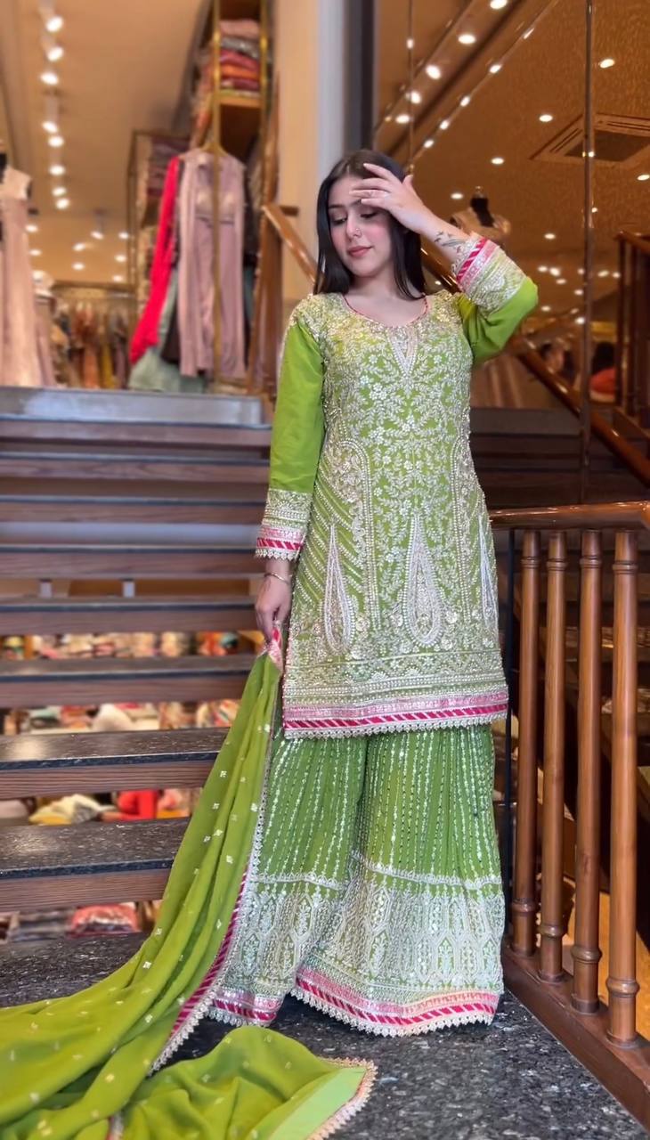 Green Color Ready Made Sequence Embroidery Work Georgette Salwar Suit