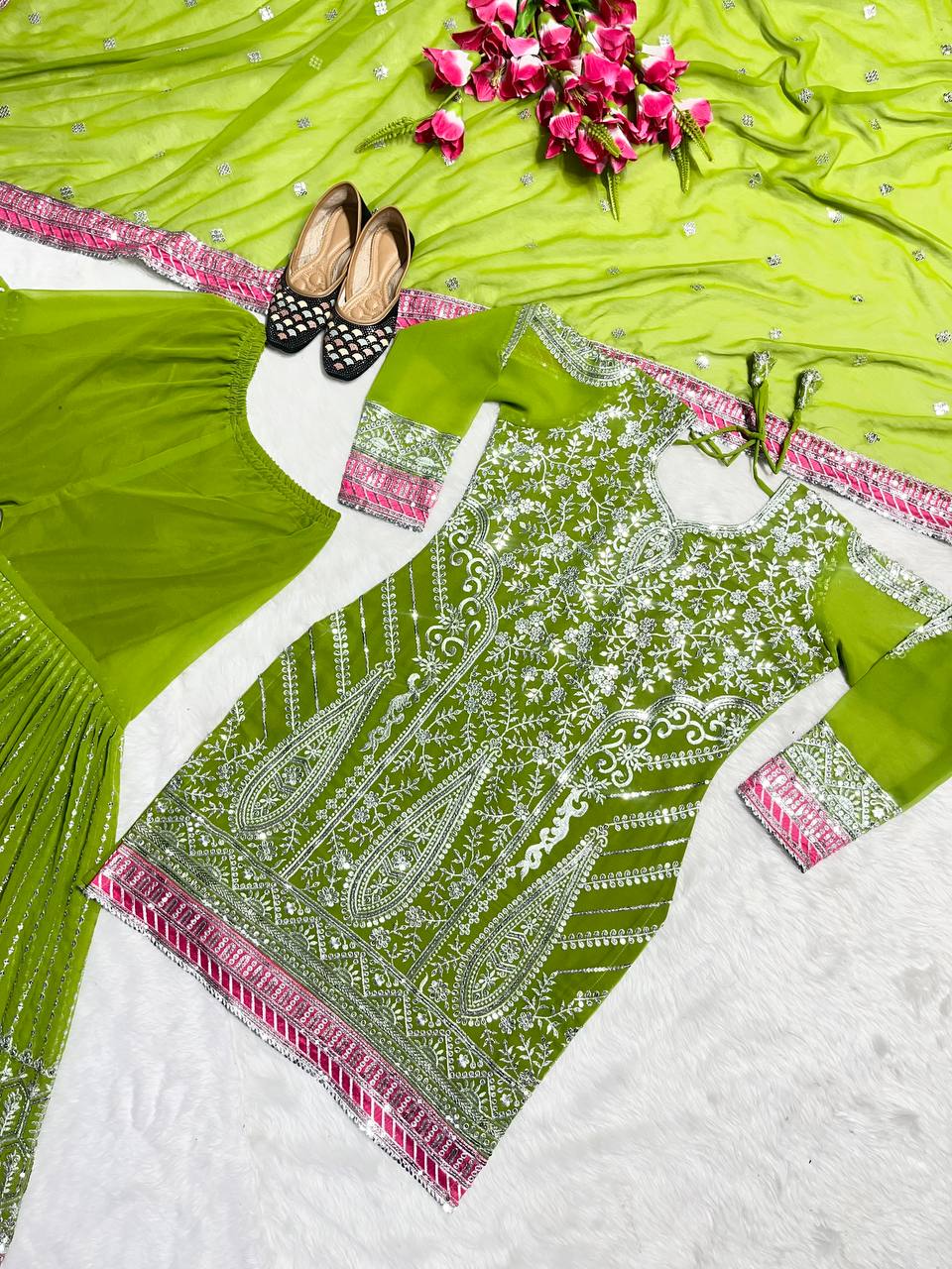 Green Color Ready Made Sequence Embroidery Work Georgette Salwar Suit