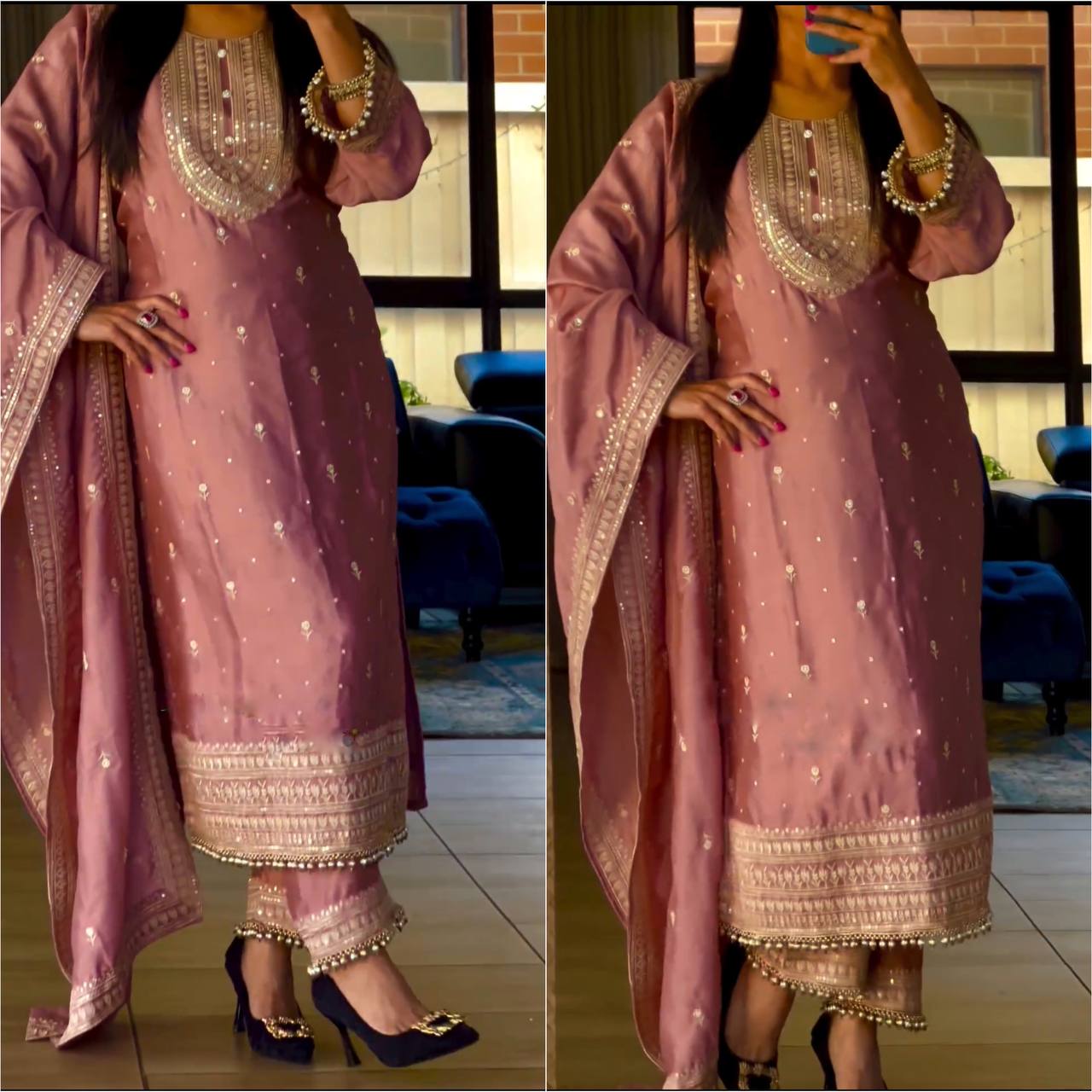 Fabulous Pink Color Ready Made Chinon Silk Embroidered Work Salwar Suit