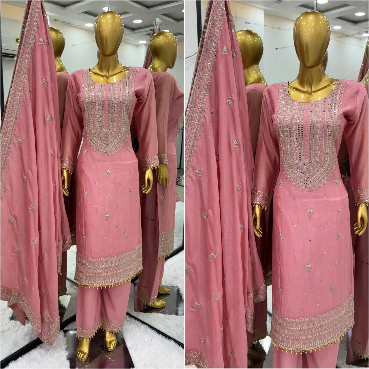 Fabulous Pink Color Ready Made Chinon Silk Embroidered Work Salwar Suit
