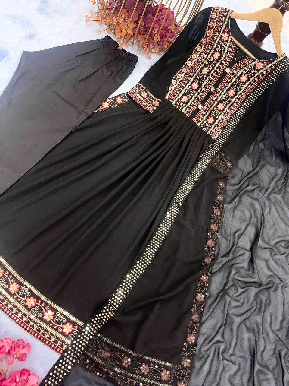 Designer Party Wear Look Black color Nayra Cut Long Top - Dupata & Bottom Set