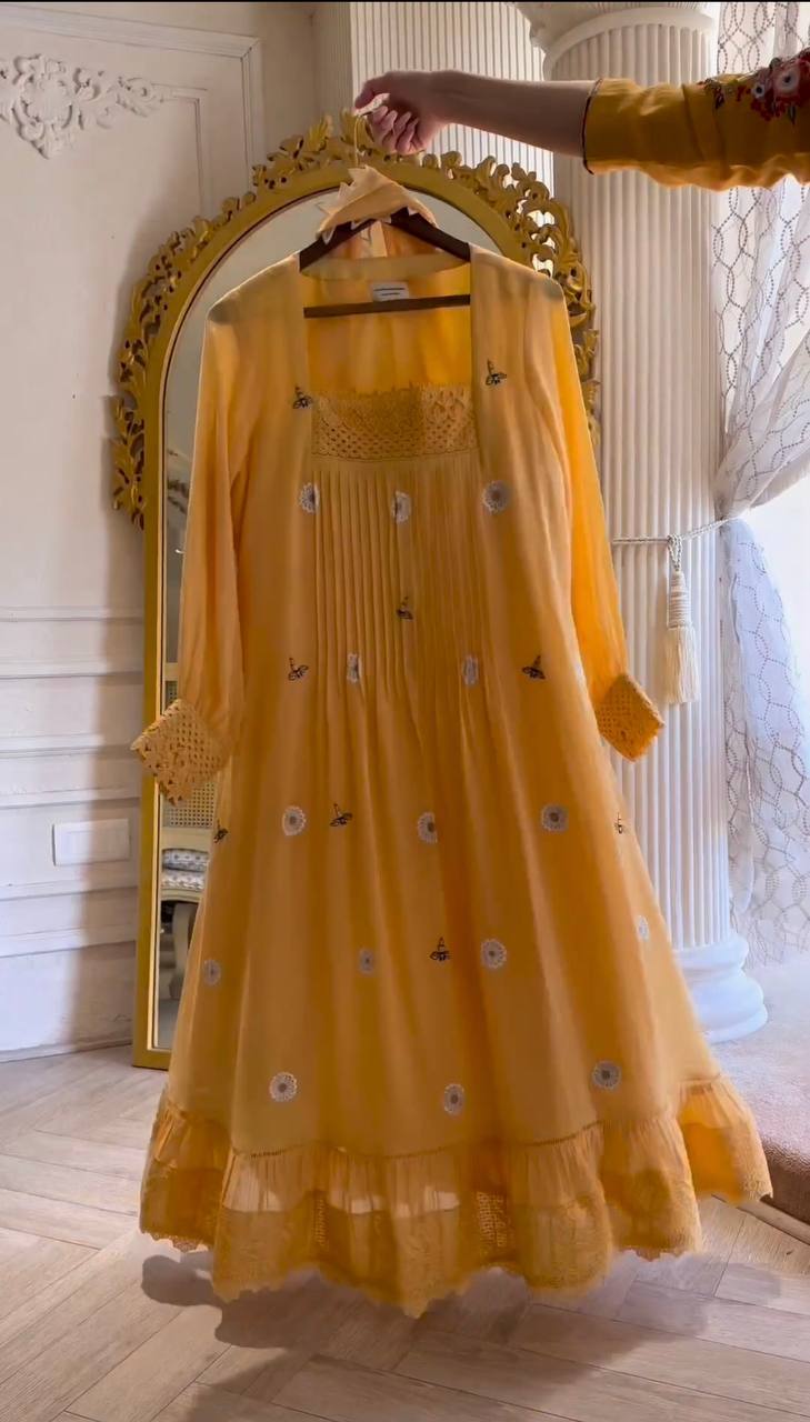 Designer Party Wear Look Yellow color Gown With Palazzo & Dupatta Set