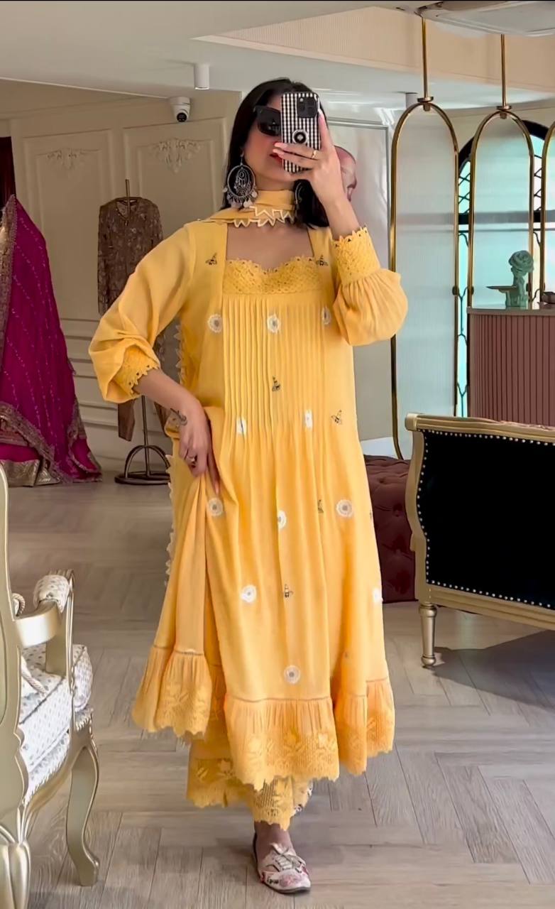 Designer Party Wear Look Yellow color Gown With Palazzo & Dupatta Set