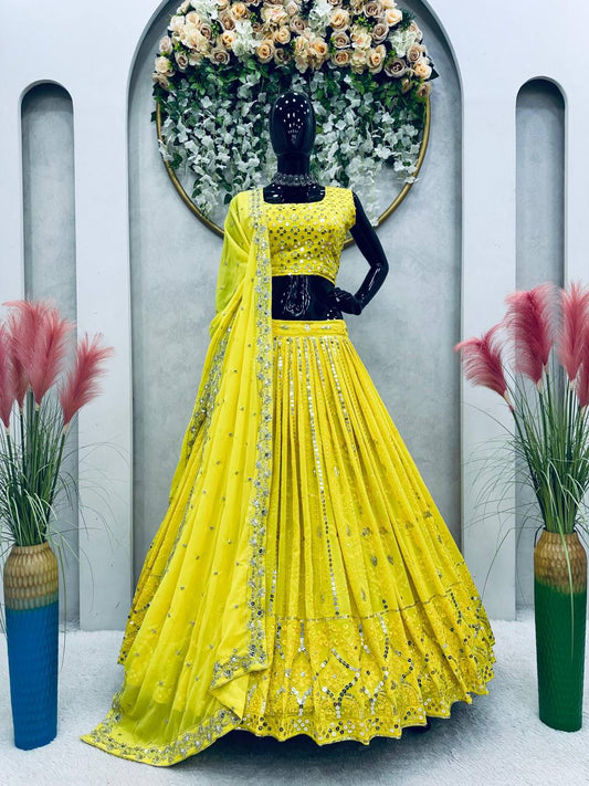 Entrancing Yellow Color Georgette Embroidered Sequence Work Lehenga Choli