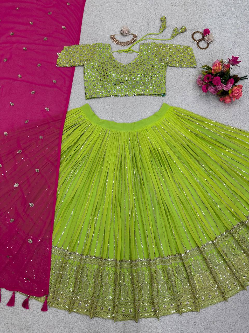 Latest Green Color Georgette Sequence Thread Work Designer Lehenga Choli