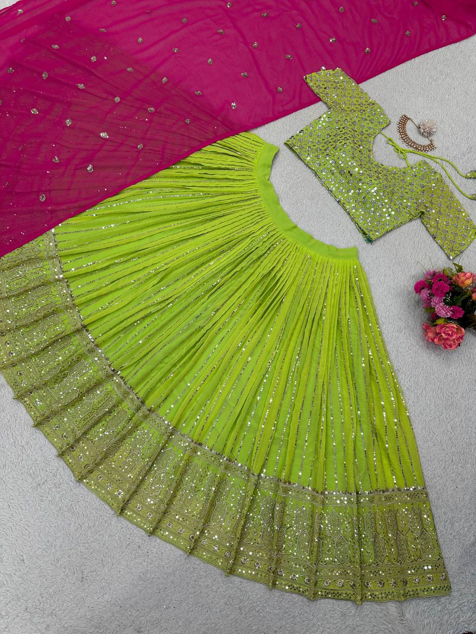 Latest Green Color Georgette Sequence Thread Work Designer Lehenga Choli