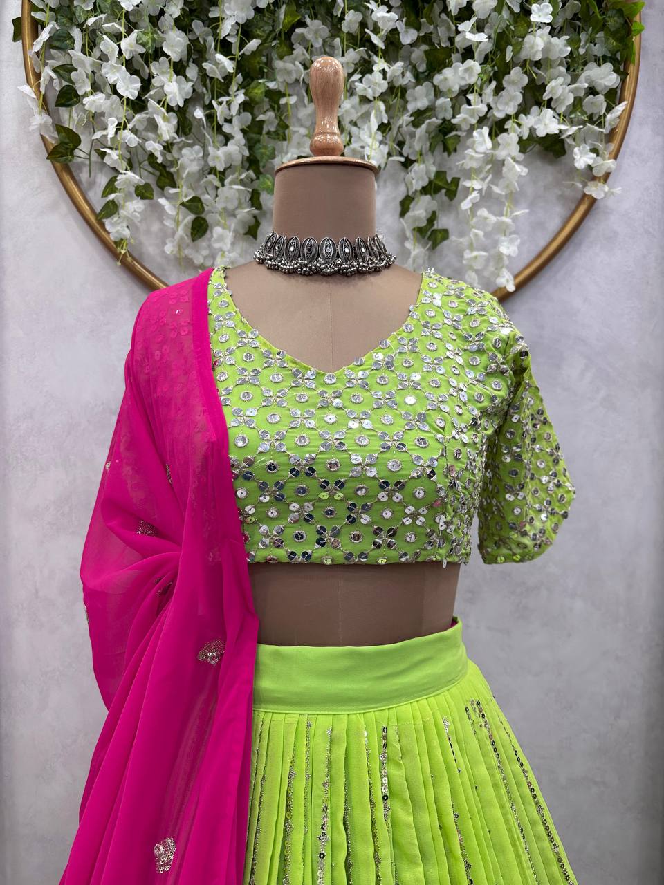 Latest Green Color Georgette Sequence Thread Work Designer Lehenga Choli