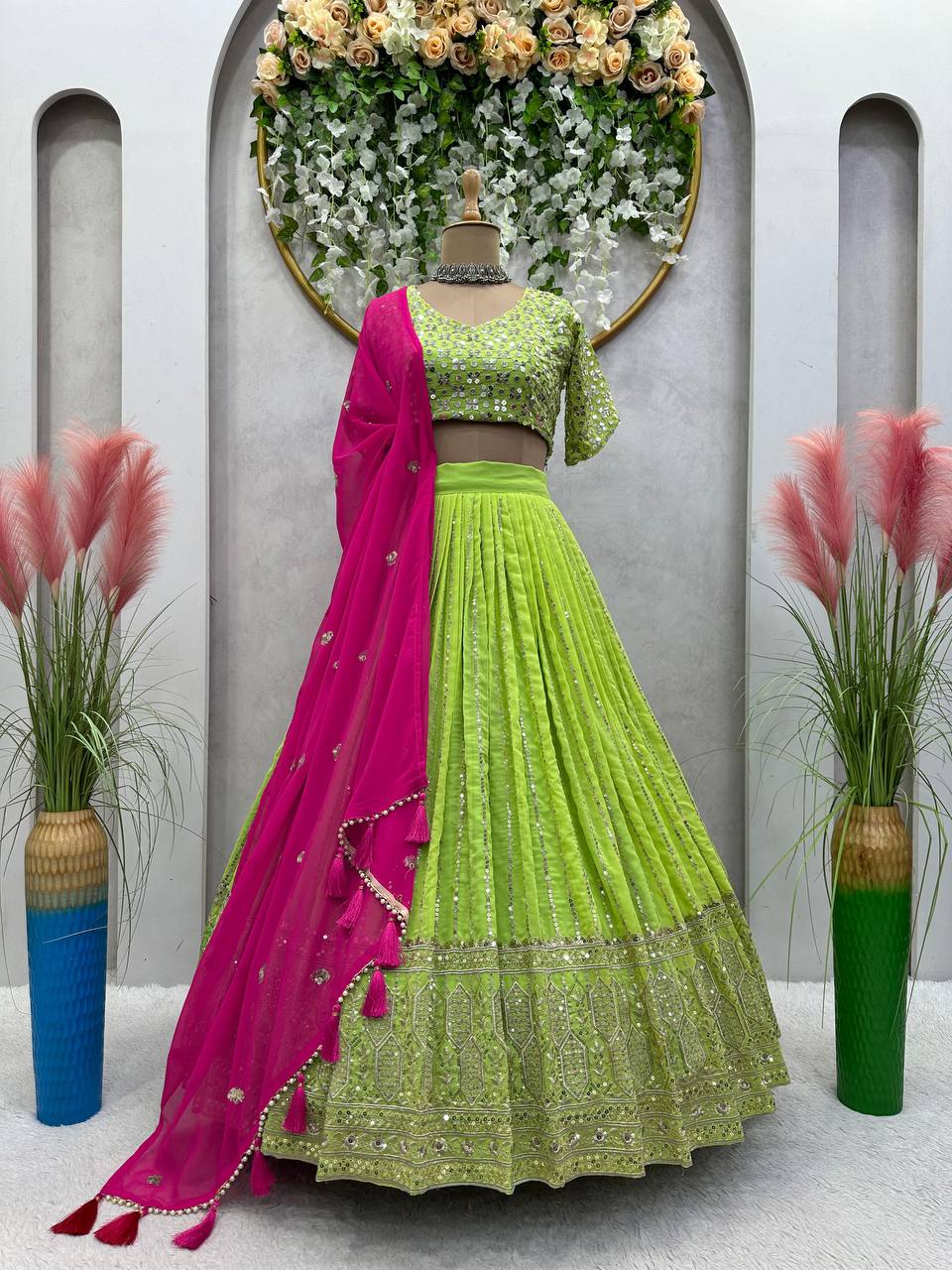 Latest Green Color Georgette Sequence Thread Work Designer Lehenga Choli