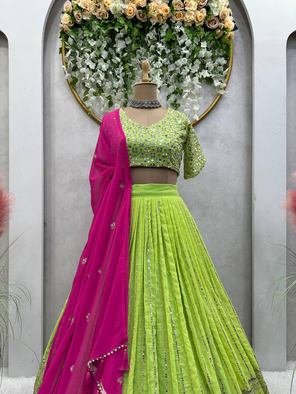 Latest Green Color Georgette Sequence Thread Work Designer Lehenga Choli