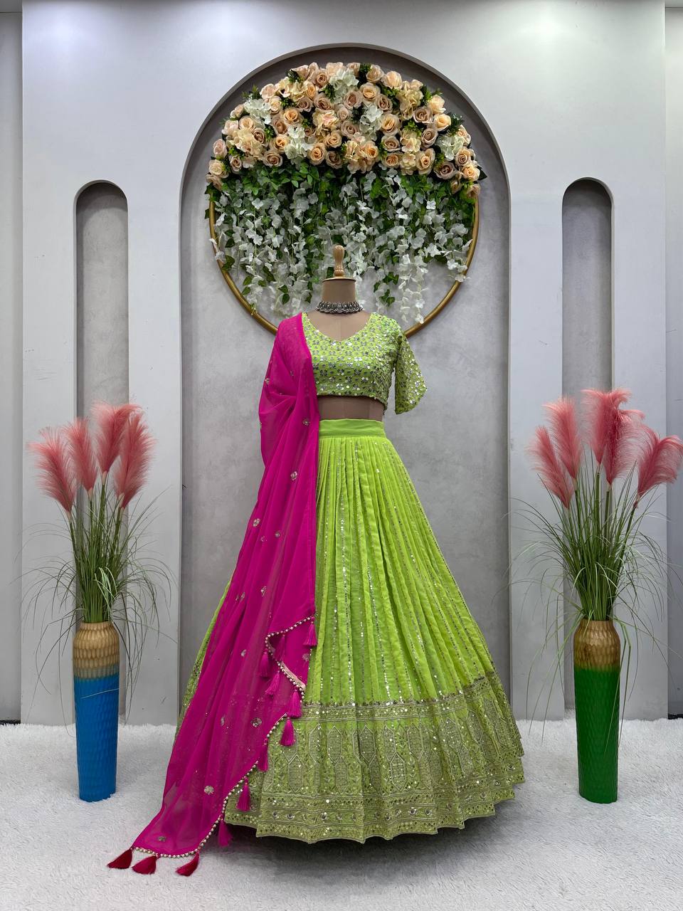 Latest Green Color Georgette Sequence Thread Work Designer Lehenga Choli