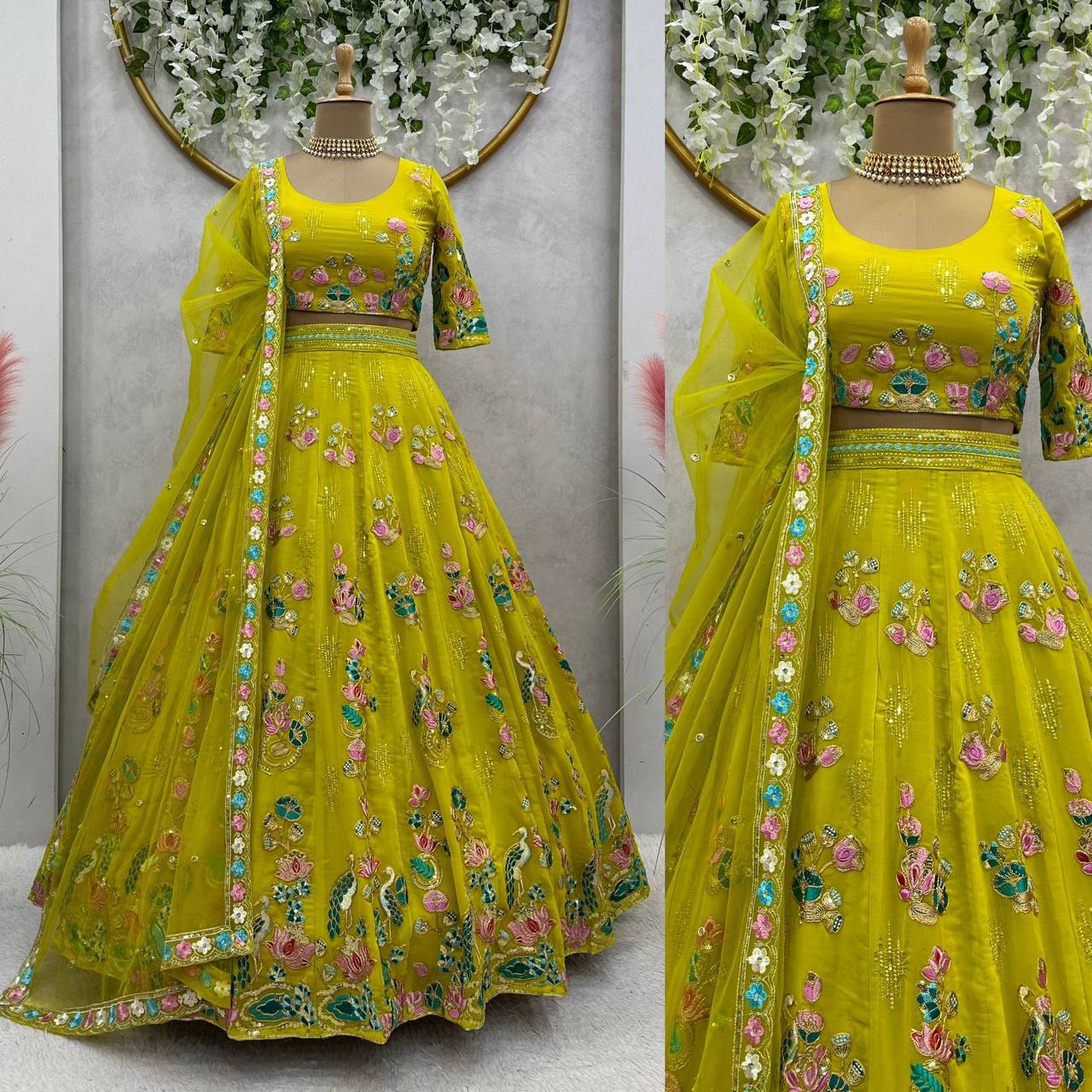 Designer Green Color Georgette Sequence Thread Work Lehenga Choli