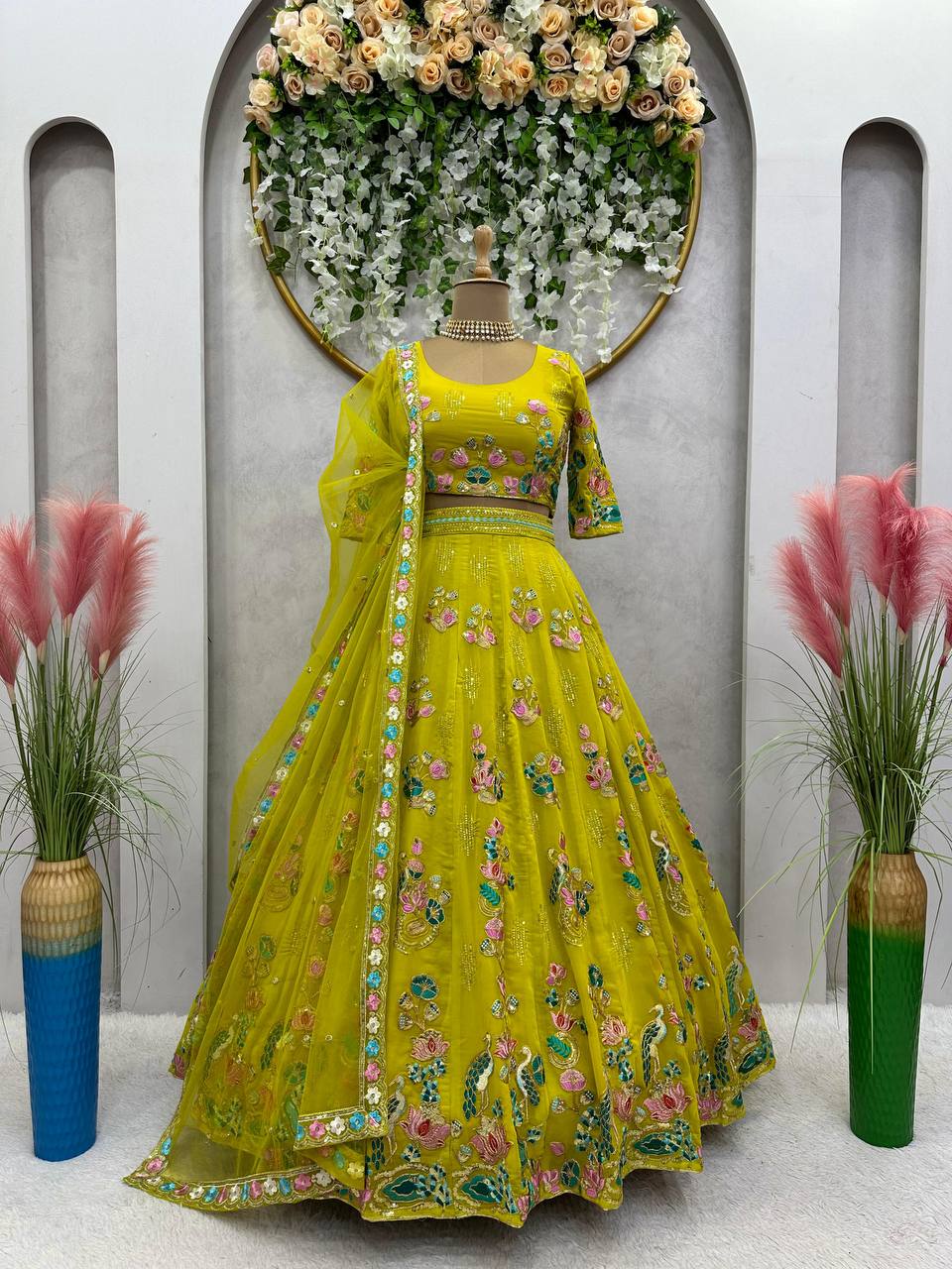 Designer Green Color Georgette Sequence Thread Work Lehenga Choli