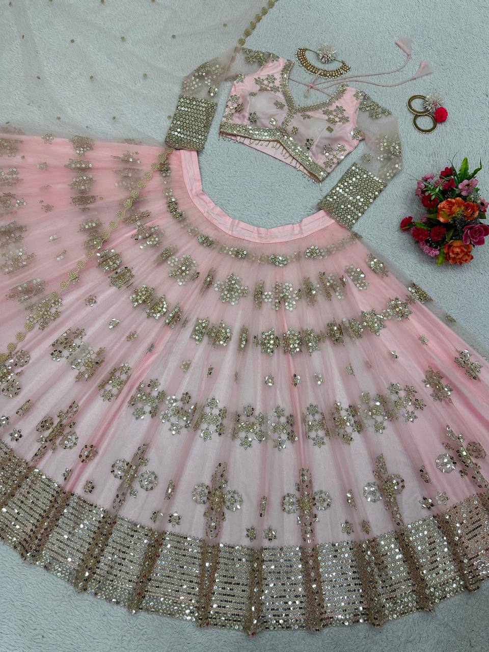 Peach Color Sequence Work Best Quality Butterfly Net Lehenga Choli