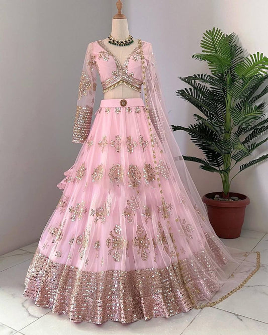 Peach Color Sequence Work Best Quality Butterfly Net Lehenga Choli