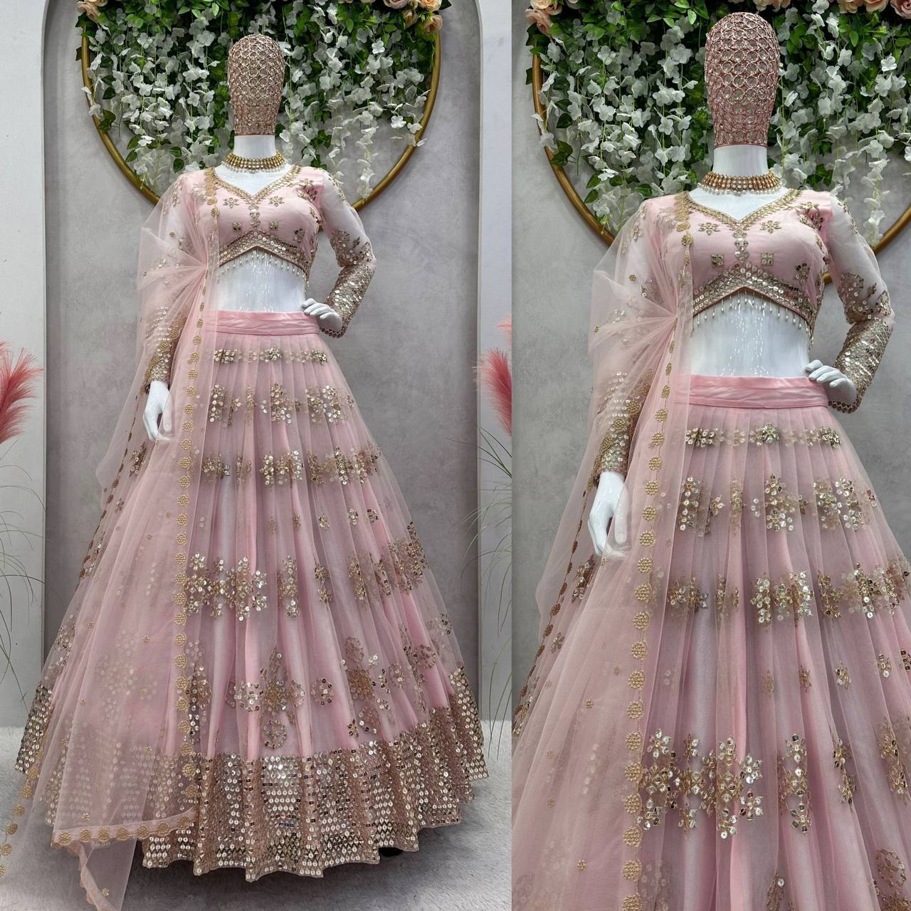Peach Color Sequence Work Best Quality Butterfly Net Lehenga Choli