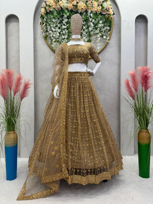 Golden Color Butterfly Net Sequence Work Festive Wear Lehenga Choli