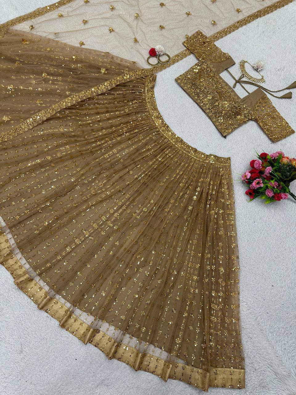 Golden Color Butterfly Net Sequence Work Festive Wear Lehenga Choli