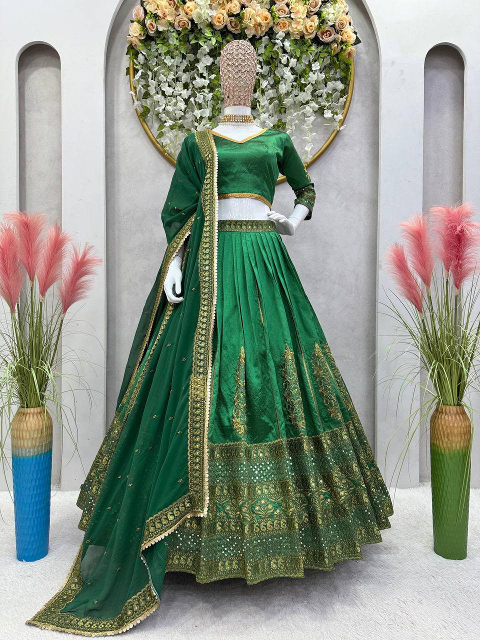 Green Color Malbari Silk Sequence Work Lehenga Choli For Women