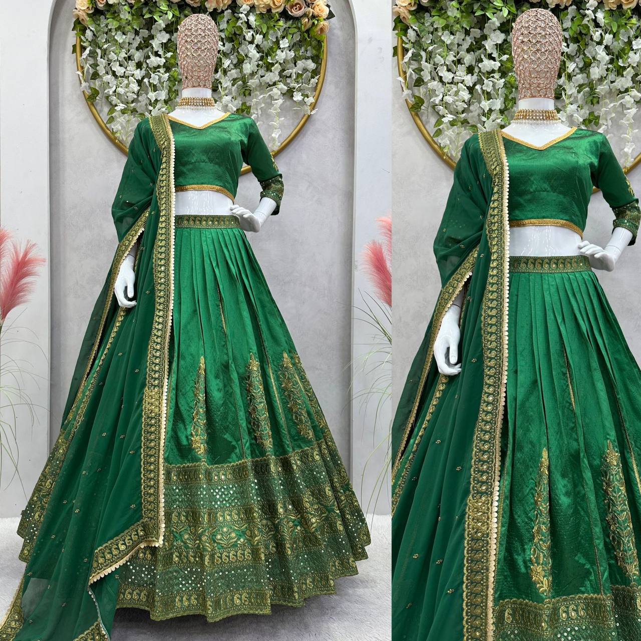 Green Color Malbari Silk Sequence Work Lehenga Choli For Women