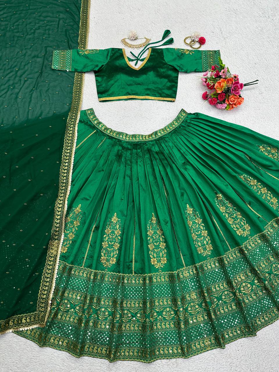 Green Color Malbari Silk Sequence Work Lehenga Choli For Women