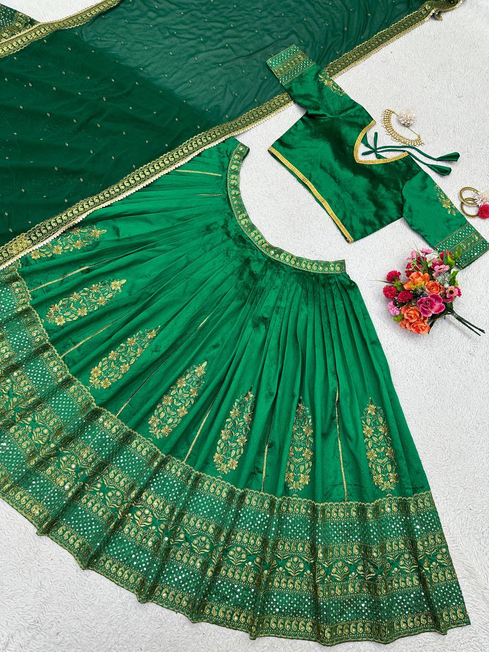 Green Color Malbari Silk Sequence Work Lehenga Choli For Women