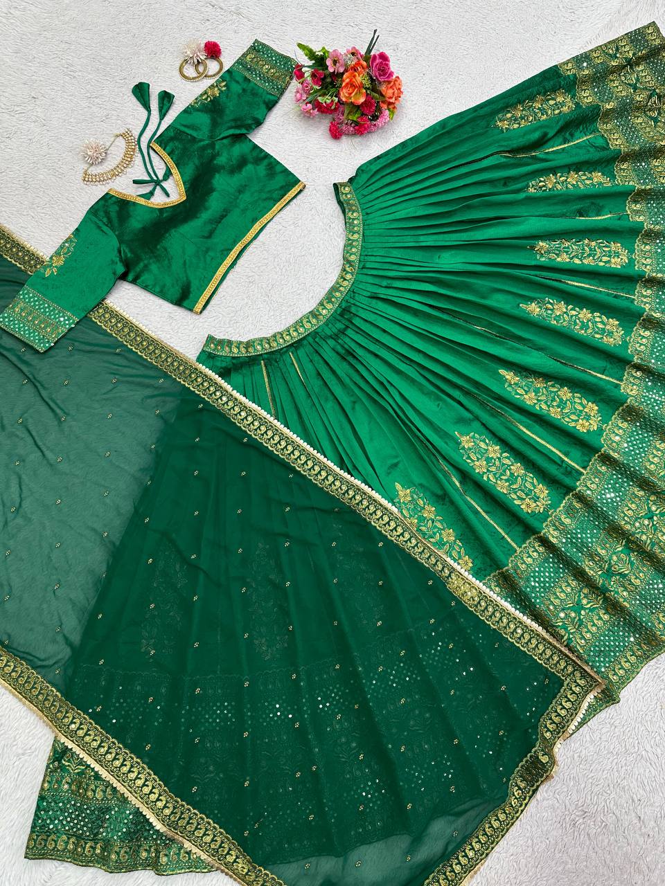 Green Color Malbari Silk Sequence Work Lehenga Choli For Women