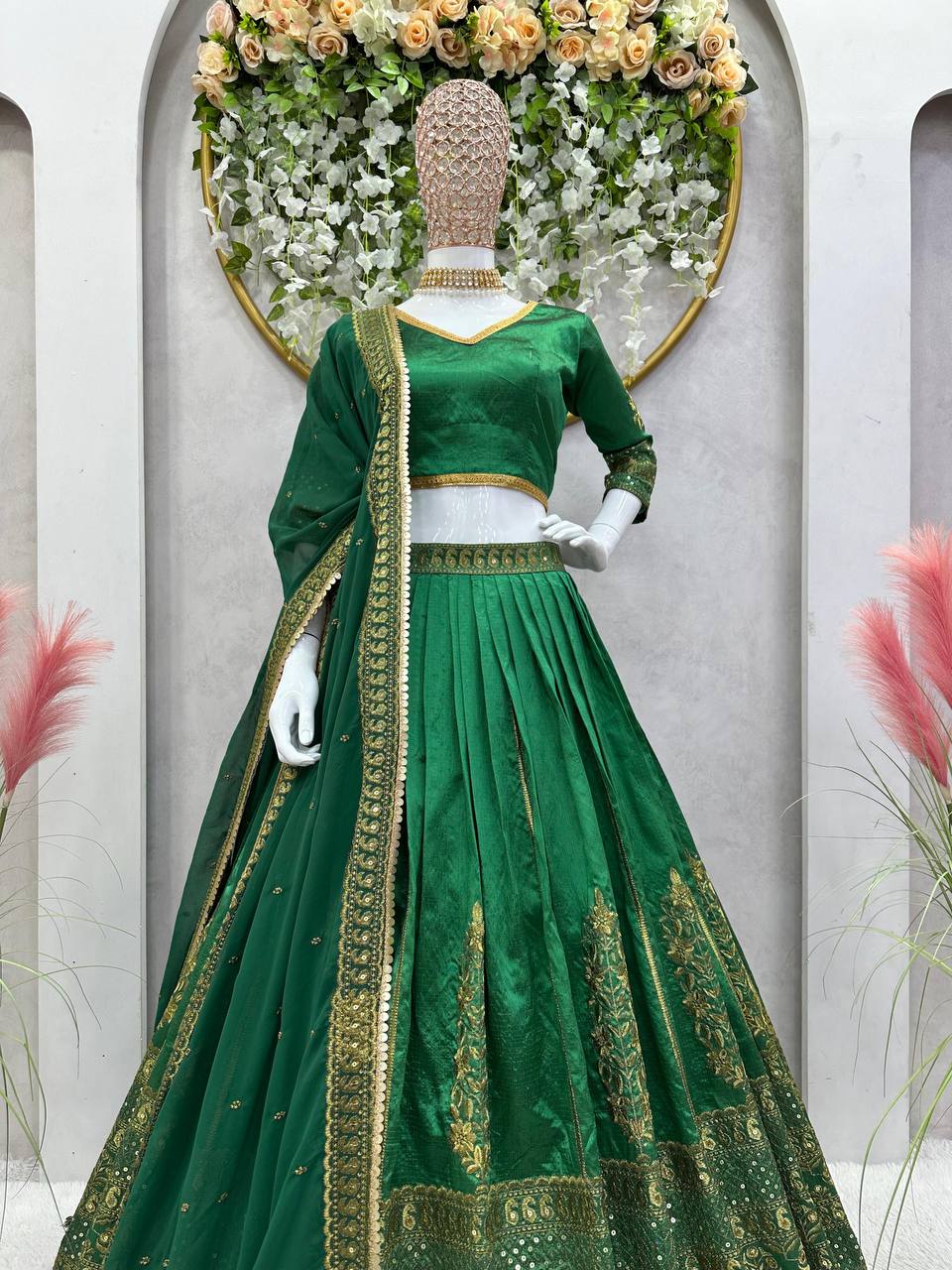 Green Color Malbari Silk Sequence Work Lehenga Choli For Women