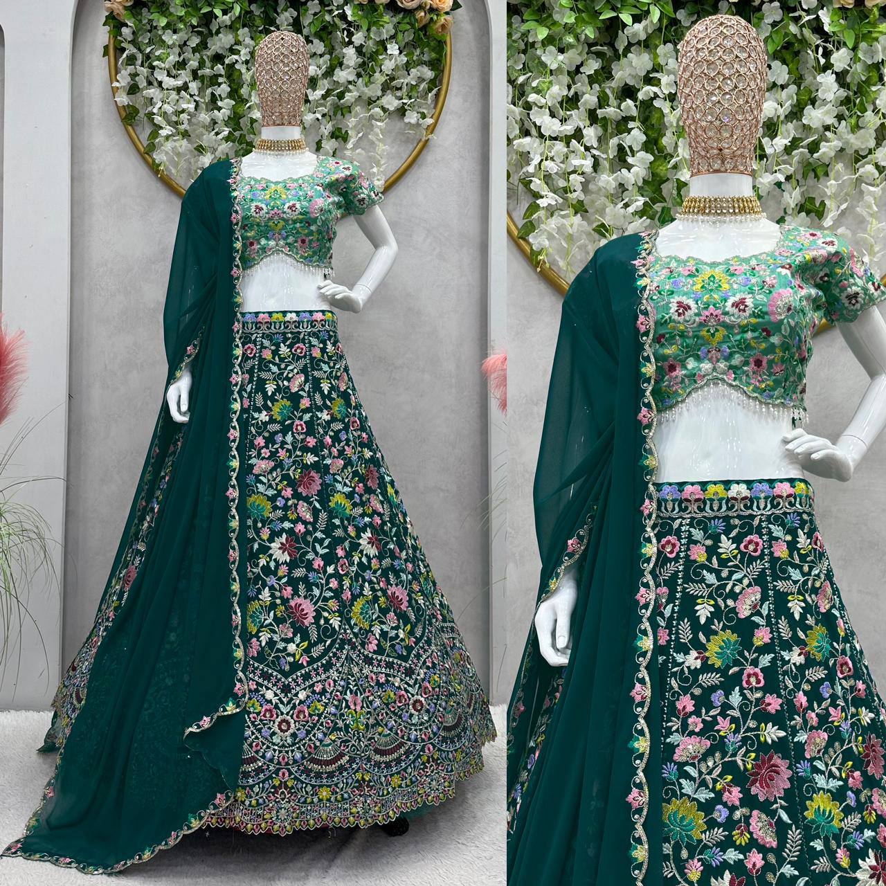 Dazzling Green Color Embroidered Work Georgette Lehenga Choli