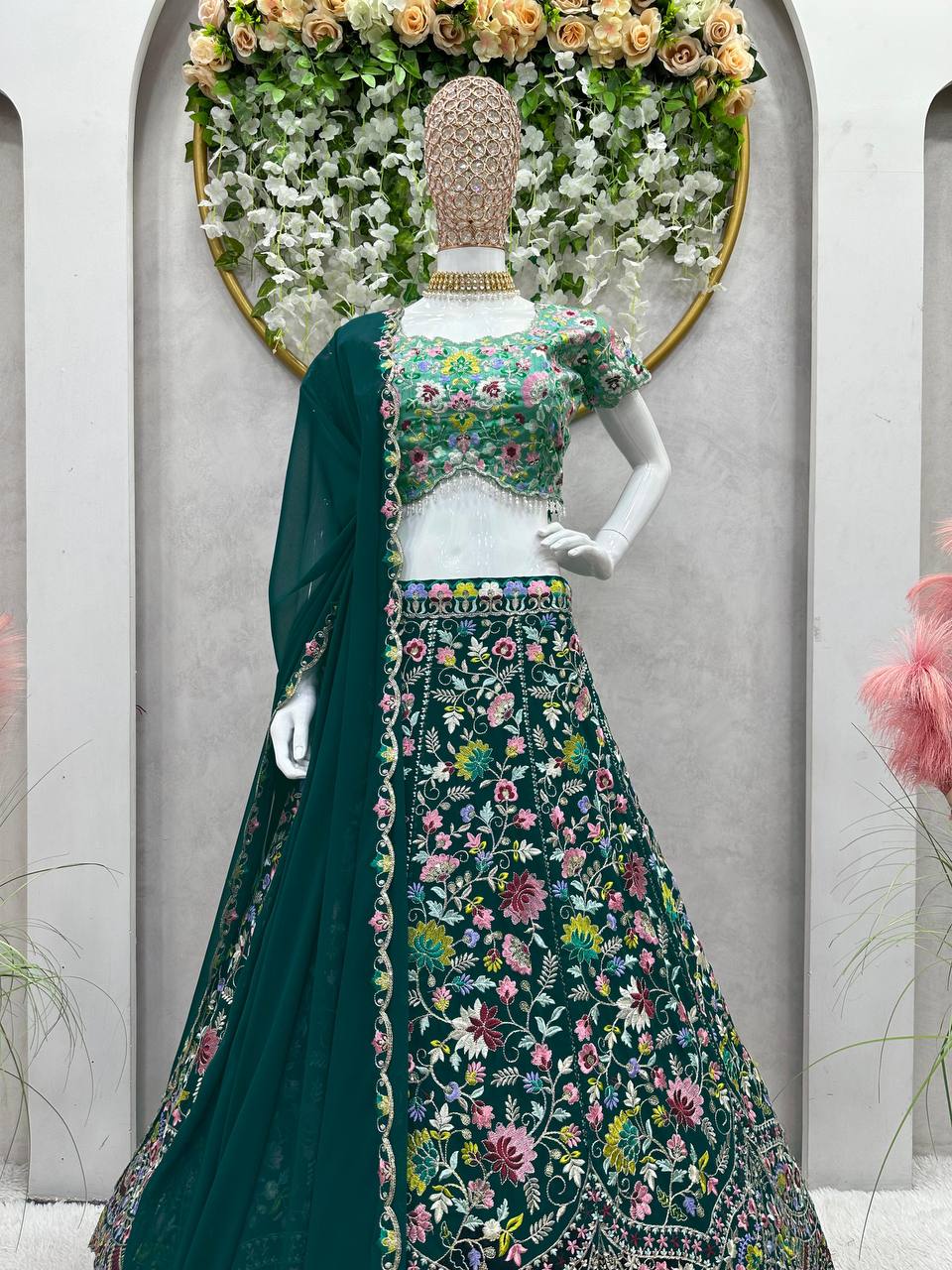 Dazzling Green Color Embroidered Work Georgette Lehenga Choli