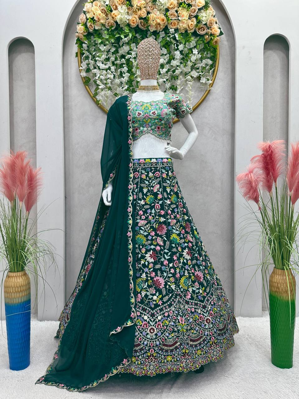 Dazzling Green Color Embroidered Work Georgette Lehenga Choli